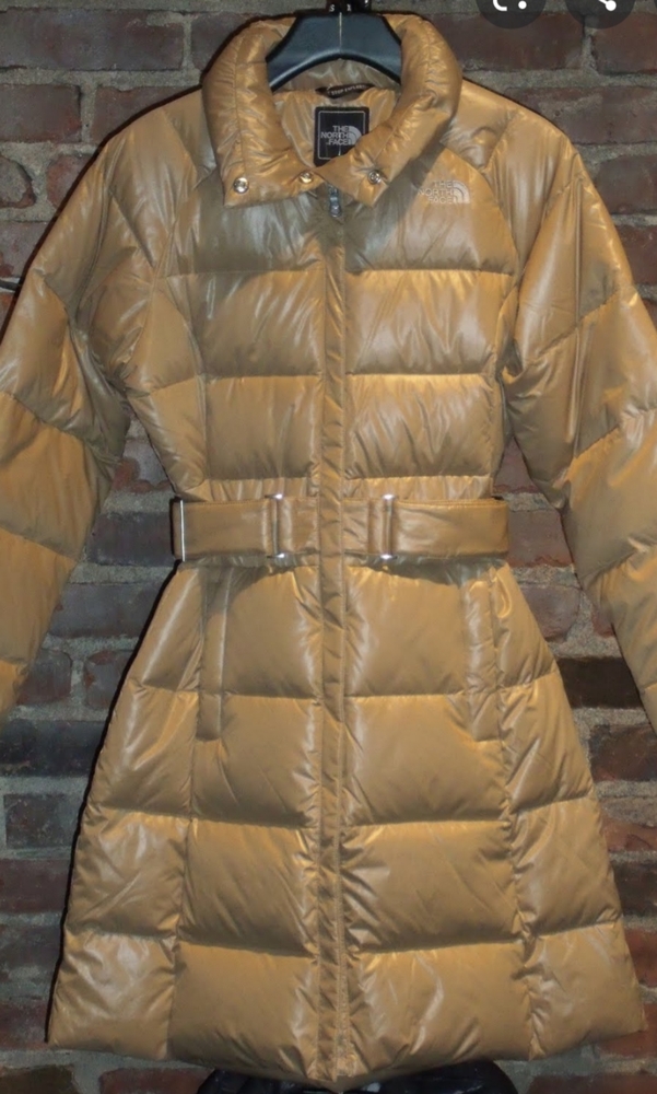 TAN NORTHFACE belted puffer Caroline coat jacket
